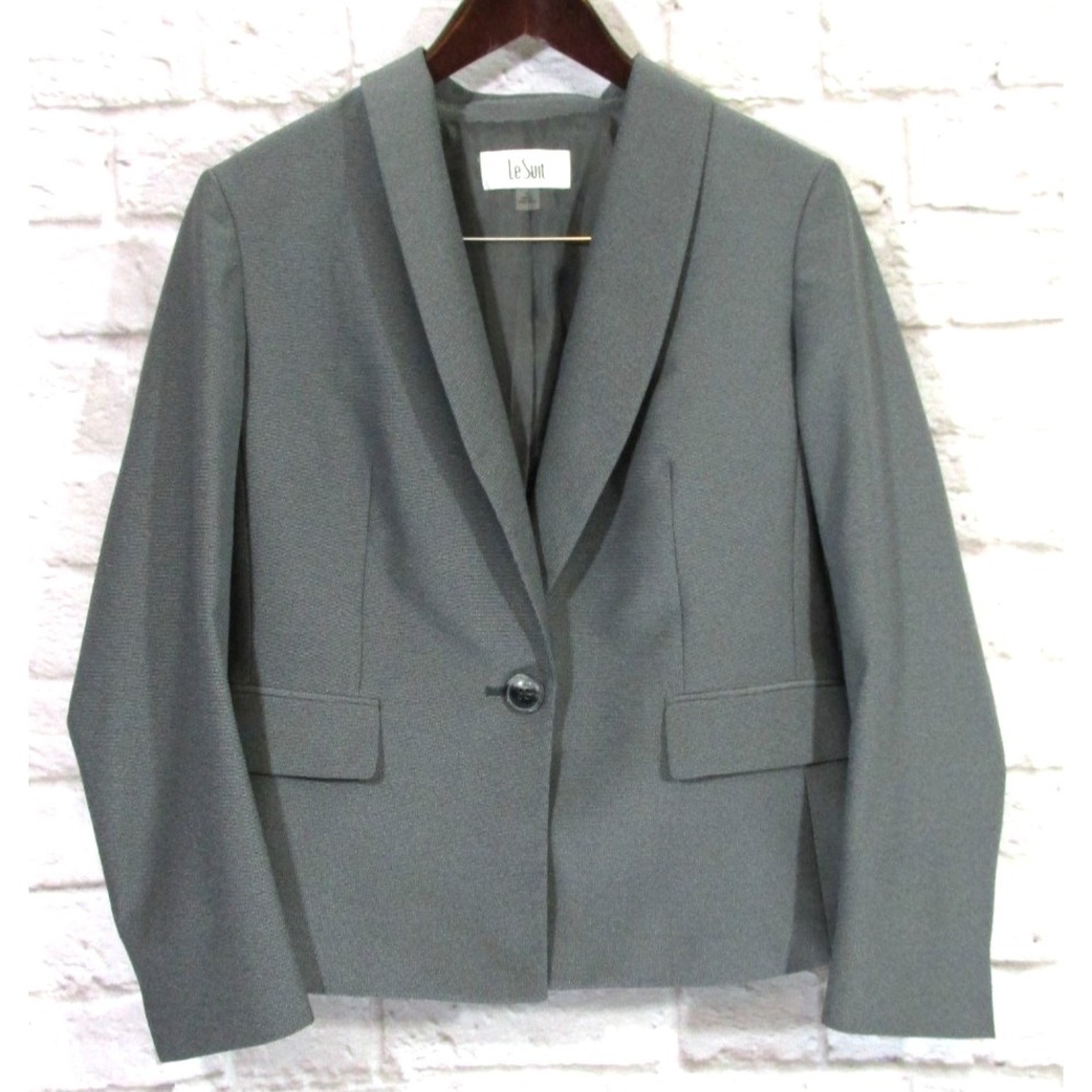 Le Suit Womens Blazer Gray Black White Long Sleeve One Button Fully Lined Sz 10